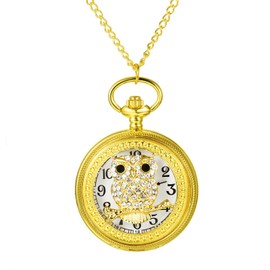 JewelryWe Vintage Gold Pocket Watch Stylish Owl Pendant Watch Steampunk Analog Quartz Necklace Watch for Xmas