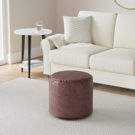 SIMPLIHOME Connor Round Pouf - 18 inch Wide Upholstered Genuine Leather Ottoman in Distressed Brown, Boho Footstool or Extra Seating for Living Room or Bedroom with Polystyrene Filling, Assembled