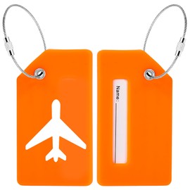 VGOODALL 2PCS Orange Luggage Tags, Silicone Baggage Identifier Tags with Name ID Card & Metal Wire Loop Travel Essentials Accessories for Travel School Parties 2" x 3.5"