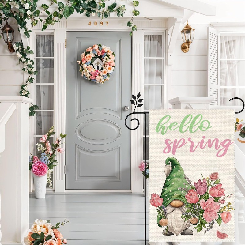 Gnome Hello Spring flowers Garden Flag 12x18 Inch Double Sided