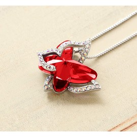 GEMMANCE Butterfly Crystal Necklace with Ruby Red Birthstone for January and July, Silver-Tone, 18”+2” Chain