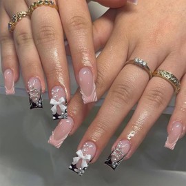 SEMATA Nude French Tip Press on Nails Medium Long Square Acrylic Fake Nails Press Ons with Glue 24Pcs Polka Dots Pearls Stick on Nail Bow Rhinestones Star Artificial Glue on False Nail for Women