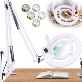 10X Magnifying Glass with Light and Stand, NUEYiO 2200 Lumens Stepless Dimming LED Magnifier Lamp, Adjustable Swing Long Arm Magnifying Light, Hands Free Craft Lamp for Projects Soldering Workbench