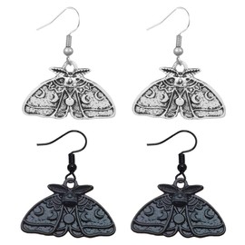 Kawailay 2 Pairs Gothic Moth Earrings Vintage Death Moth Pendant Earrings Rock Punk Moth Dangle Earrings for Women - Silver Black