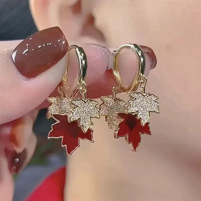 Maple Leaf Earrings for Women Autumn Thanksgiving Earrings Red Crystal