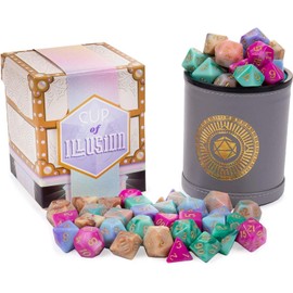 Wiz Dice Cup of Illusion - 35 Polyhedral DND Dice & Dice Shaker Cup & Box for Storage 5 Set of 7 Unique Colours -Polyhedral Role Playing Dice in Unique Colors