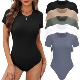 BALENNZ Women's 5 Pack Short Sleeve Round Neck Bodysuit Tops Crew Neck Basic Casual Tshirt Bodysuits Meduim
