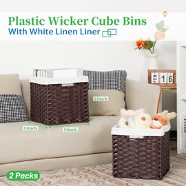 Bidtakay Wicker Storage Baskets with Liners 11x11 Storage Cube Bins for Organizing Imitation Rattan Woven Baskets 2-Pack Woven Storage Baskets with Handles for Pantry-Reddish Brown