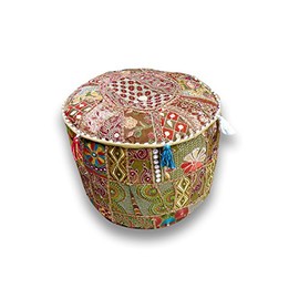 Sophia Art Indian Pouf Stool Vintage Patchwork Embellished with Patchwork Living Room Ottoman Cover, 18 X 13 Inches(Mhendhi Green)