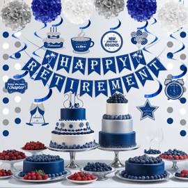 Retirement Party Decorations Navy Blue Silver Happy Retirement Decorations Happy Retirement Banner Yard Sign with Hanging Swirls Paper Pompoms for Men Women Office Farewell Going Away Party Supplies