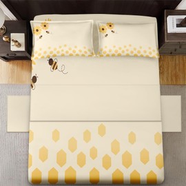 Zzzboro 4 Pcs Fitted Sheet Set Queen Size, Honey Bee Themed Yellow Sunflower, Bed Decor Cute Daisy Flower Bumble Honeycomb Bedroom Sets Pillowcase Bedsheet Bedding Flat Sheet for Kids and Adults