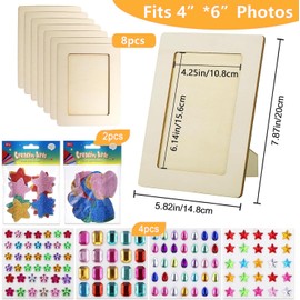 Wooden Picture Frame Set for Painting, 8 Pieces Photo Frame Craft Set Wooden Frame Wooden Picture Frame for Painting, Craft Frame Set for Children's Drawings with Rhinestones & Stickers for Birthdays