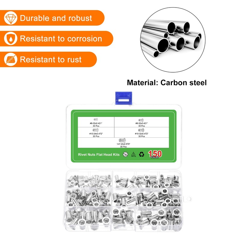 sourcing map 150Pcs Rivet Nuts, #6-32, #8-32, #10-24, #10-32, 1/4"-20