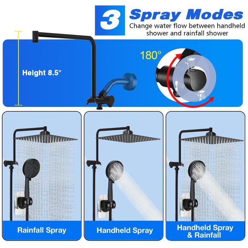 Matte Black Shower Head with Filters 12" Rain Shower Head