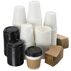 NYHI 200-Pack 8 oz White Paper Disposable Cups With Lids And Sleeves– Hot/Cold Beverage Drinking Cup for Water, Juice, Coffee or Tea – Ideal for Water Coolers, Party, or Coffee On the Go’