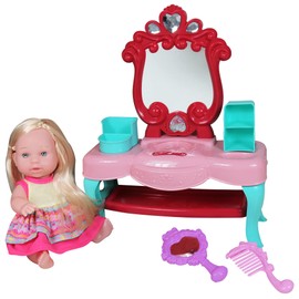 Lissi: Make Up Table Set - 8" Toddler Doll, Brush & Mirror - Blonde Hair - Pink-Red-Blue - Styling Toy Playset, Hair Care Accessories, Kids-Toddler 2+