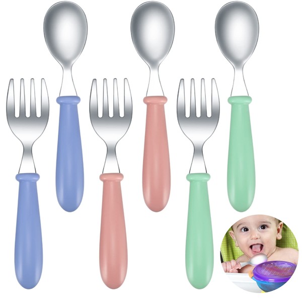 3 Set/6 Pcs Toddler Cutlery Fork and Spoon Set, Toddler Children's Cutlery Utensils Spoons Forks Tableware Set, Stainless Steel Self Feeding Spoon and Fork - 3 x Forks, 3 x Spoons