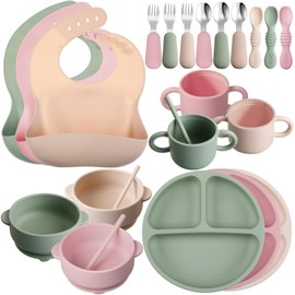 24 Pack Silicone Baby Feeding Set Baby LED Weaning Supplies Includes Suction Divided Plates Soft Bowl Spoons Forks Adjustable Bib Snack Cup and Straws(Dark Green, Beige, Light Pink)