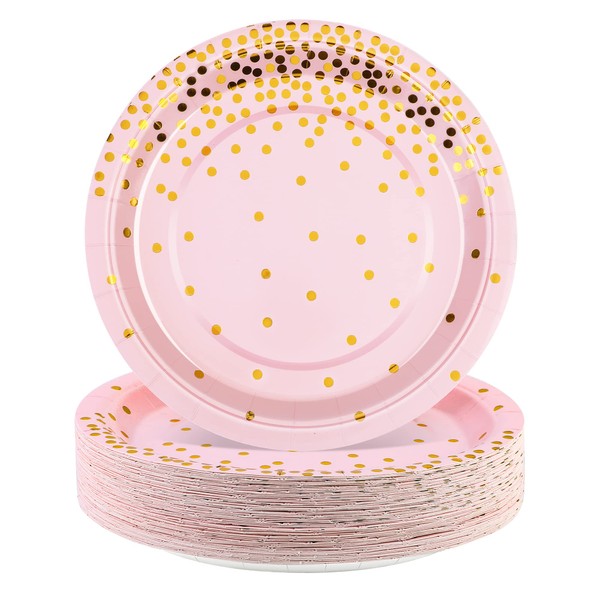 Aneco 60 Pieces 7 Inches Disposable Paper Plates Pink and Gold Foil Dot Dessert Plates Round Paper Plates for Wedding Bridal Shower Birthday Party Decorations