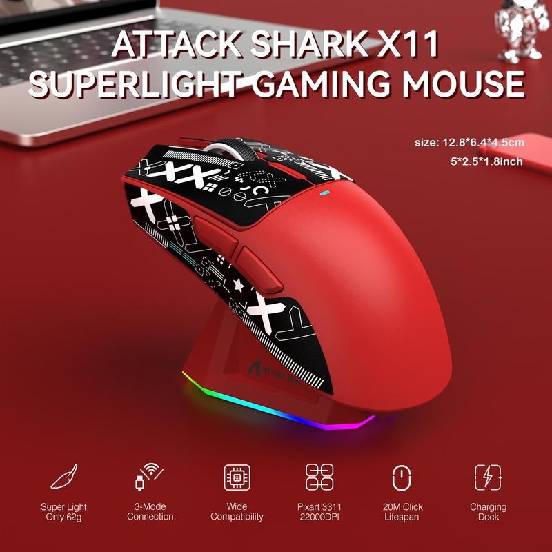 ATTACK SHARK X11 Wireless Gaming Computer Mouse, Rechargeable RGB Lighting Wireless Mouse