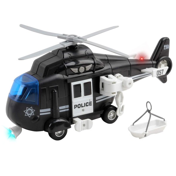Vokodo Police Helicopter 11" With Lights And Sounds Push And Go Includes Rescue Basket Durable Toy Friction Kids Cop Chopper SWAT Airplane Pretend Play Truck Great Gift For Children Boys Girl Toddlers
