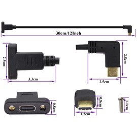 AAOTOKK Right&Left Angled 3.1Type C Cable Gen 2 (3A) 90 Degree USB 3.1 Type C Male to Female Panel Mount Screw Cable,Supports Charging,Data,Audio,Video Cable for Laptop,Tablet,Mobile Phone(0.3M/1ft)