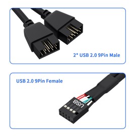 1 Pack Motherboard 9 Pin USB 2.0 to Dual 9 Pin Extension Splitter, Motherboard USB Splitter 9 Pin Header Cable, USB2.0 Header Splitter for Internal Computer Motherboard (Braided Black)