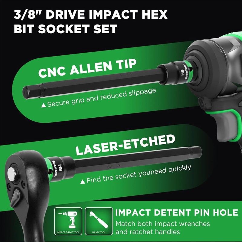 3/8" Drive Long Impact Hex Bit Socket Set, Allen Bit