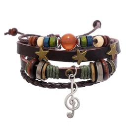 POYAMUSE Retro Leather Bracelet with Colorful Beads, Star and Music Note Charms, Y2K Style Butterfly Charm Leather Bracelet for Women Men Vintage Jewelry-music
