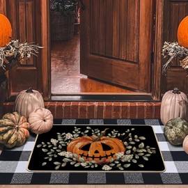 Baccessor Halloween Doormat 17x29 inch, Spider Web Pumpkin Eucalyptus Black Welcome Front Rug Door Mat for Outdoor Floor Non Slip Rubber Backing Fall Holiday Entrance Floor Decor