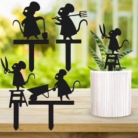 Leinuosen Set of 4 Funny Cute Mouse Garden Plant Pot Decor Gardener Mice Garden Stakes Decorative Small Silhouette Mice 5.51'' Black Metal Plant Stakes Marker Yard Art Animal Statue Ornament