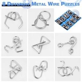 Metal Wire Puzzle Set of 8 with Pouch, Brain Teaser Puzzles IQ Test Ring Disentanglement Unlock Interlock Game Trick Metal for Party Favor Challenge(C