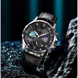 Lige Men Watch Chronograph Sport Watches Date Moonphase Male Leather Wristwatch Gift