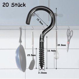 qingmeng Screw Hooks, Black, Pack of 20 Hooks for Screwing Carbon Steel, 40 mm Ceiling Hooks, Hook Screws, Large Screw Hooks for Hammocks, Hanging Chairs, Fixed Cables, Awnings, Hooks Ceiling