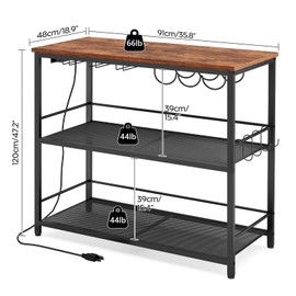 MAHANCRIS Kitchen Island with 3 Shelves, Kitchen Island with Power Outlet, Kitchens Storage Rack with 4 S Hooks, Microwave Stand Coffee Bar Station for Dining Room, Rustic Brown and Black KIHR91E01