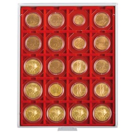 Coin box with 20 square compartments of 50 x 50 mm (Lindner 2122) Standard (grey drawer, red insert)