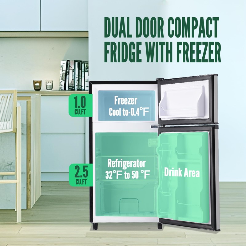 WANAI Mini Fridge with Freezer, 3.5 cubic feet 2- Doors
