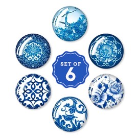 Jolitee Blue and White Chinoiserie Glass Magnets, Strong Kitchen Refrigerator Decorative Magnets, Set of 6, 1 inch
