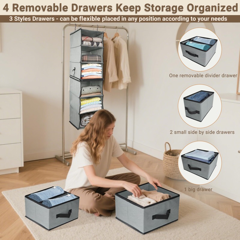 2-in-1 Durable 6-Tier Hanging Closet Organizer with 4 Removable Drawers,2
