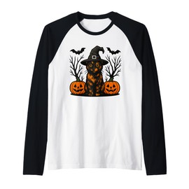Cute Tortoiseshell Cat in Witch Hat with Pumpkins and Bats Raglan Baseball Tee