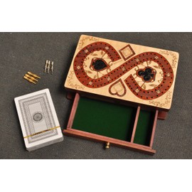 PALM ROYAL HANDICRAFTS 2 Track Cribbage Board Game Set with Magnetic Pull Drawer, Playing Cards - Storage Available - Metal Pegs, Travel Portable Cribbage Game Sets for Family. (Size - 6.5" x 4")