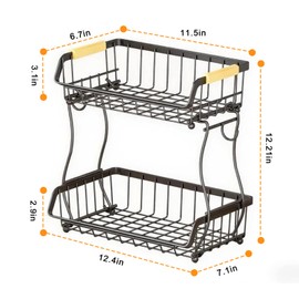 Alebew 2 Tier Kitchen Countertop Fruit Basket Bowl with 2 Banana Hangers,Detachable Black Metal Vegetable Storage Stand with Wooden Handle,Produce Organizer for Bread Snack Veggies Potato