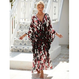 Vestidos de caftán para mujer, estampado colorido, Mrs Roper Caftan, traje de baño, vestidos de playa, Rojo-negro Floral, Talla única