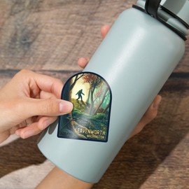 Die Cut Sticker Leavenworth, Washington, Wanderer, Bigfoot in Forest, Contour Vinyl Sticker 3 to 6 inches, (Waterproof Decal for Cars, Water Bottles, Laptops, Coolers), Large