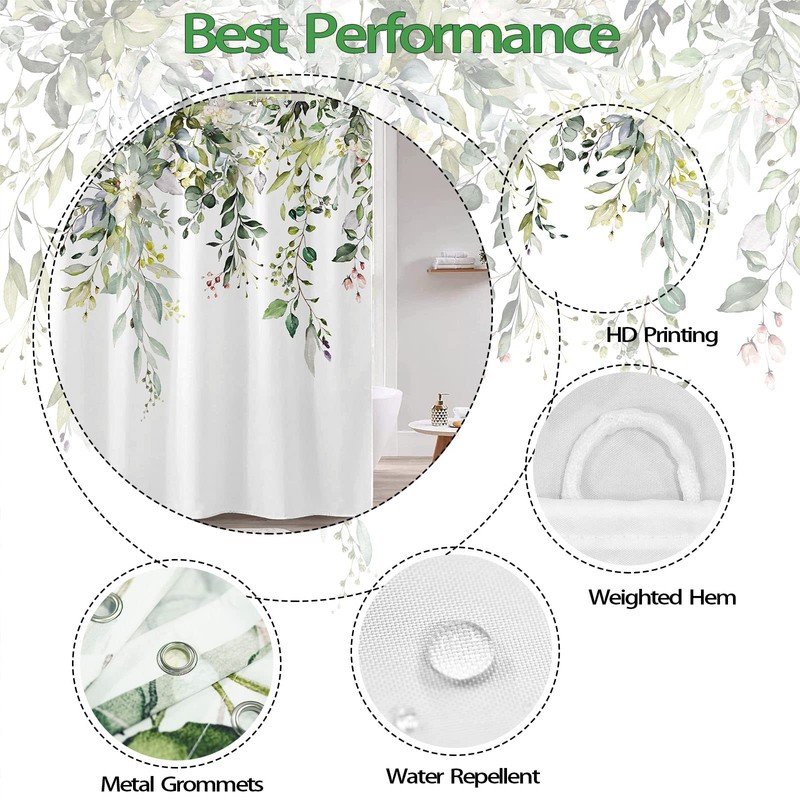 kampdream Green Eucalyptus Plant Shower Curtain, Watercolor Leaves On The