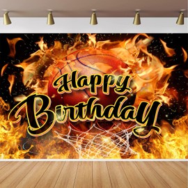 CapiSco Basketball Birthday Backdrop for Sport Theme Basketball Birthday Party Decorations, Fire Passion Flame Shooting Basket Photography Background, Men and Boys Sports Theme Party Banner 5x3ft