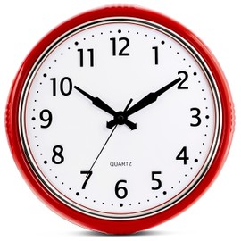 Bernhard Products Retro Wall Clock 12 Inch Red Kitchen 50's Vintage Design Round Silent Non Ticking Battery Operated Quality Quartz Clock for Home Office School or Classroom