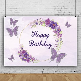 Ttincceer Happy Birthday Background Silver Purple Butterfly Wreath Photography Background Baby Shower Birthday Party Banner Lilac Background Photo Studio Booth Prop 220 x 150 cm