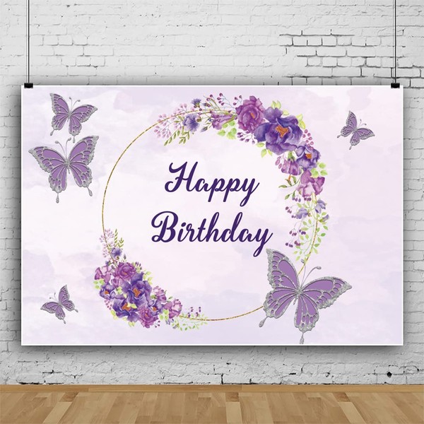 Ttincceer Happy Birthday Background Silver Purple Butterfly Wreath Photography Background