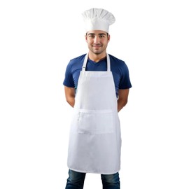Duogoo Chef Apron and Hat set, 2 Pockets Adjustable Cotton Kitchen Cooking Bib Apron, Baker Costume for Men Women